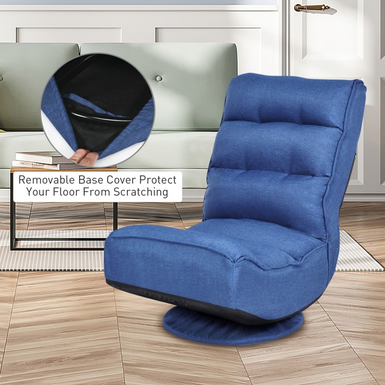 Navy 5-position folding floor gaming chair with removable base cover for floor protection and 360-degree swivel base.