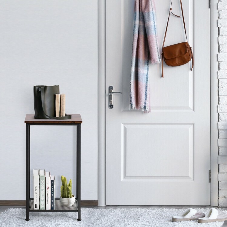 2-tier industrial end table with a rustic top and metal mesh shelves, perfect for living room or entryway storage.