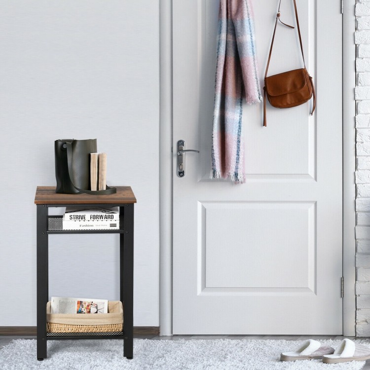 3-Tier industrial end table with a rustic top and metal mesh shelves, perfect for organizing items in compact spaces.