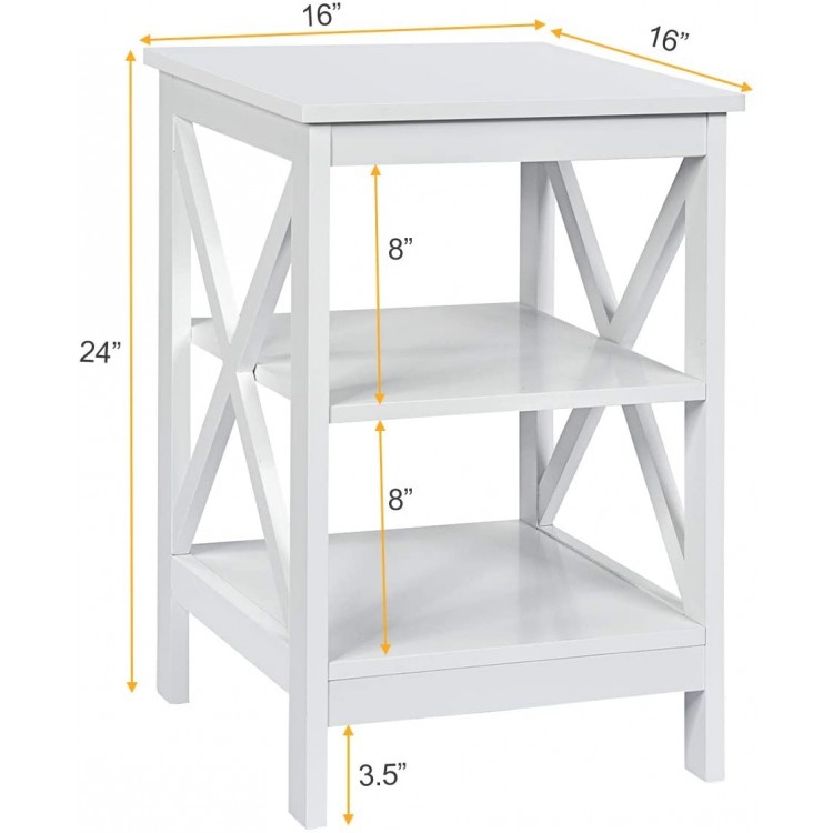 White 3-tier X-design nightstand with storage shelves, 24" tall, perfect for living room or bedroom decor.