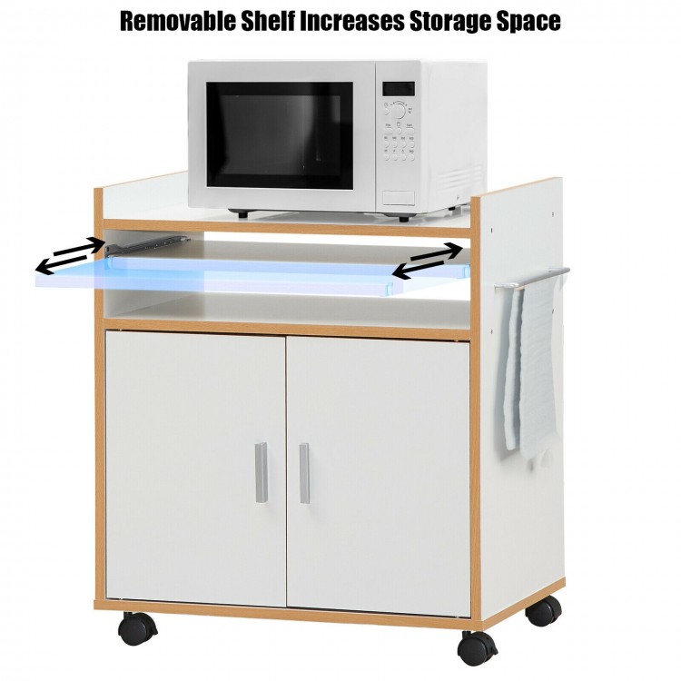 Compact kitchen island on wheels featuring a removable shelf and towel rack, ideal for efficient storage in small.