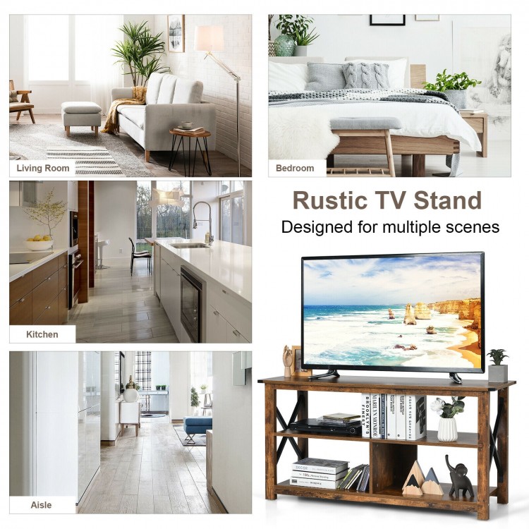 Rustic TV stand in brown with open shelves, designed for TVs up to 55 inches, perfect for living room or bedroom use.