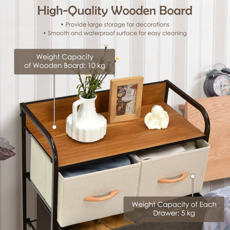 4-tier organizer tower with wooden top and 5 fabric drawers, perfect for storage in living room or bedroom.