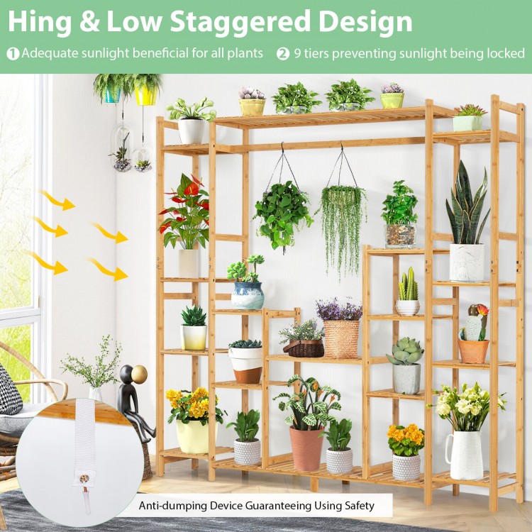 9-tier bamboo plant stand with hanging rack, featuring a staggered design for optimal sunlight exposure and easy.