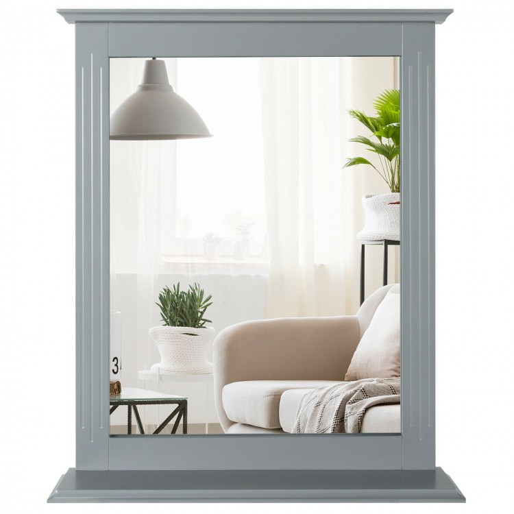 Wall-mounted gray vanity mirror with shelf, featuring high-definition reflection and elegant design for versatile home.