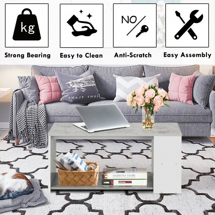 Gray coffee table with storage shelves, made of P2 MDF, featuring a modern design for living room or office use.