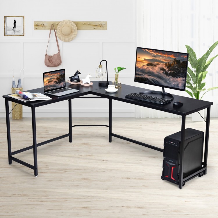 L-shaped black corner computer desk with spacious countertop, adjustable footpads, and separate CPU stand for versatile.