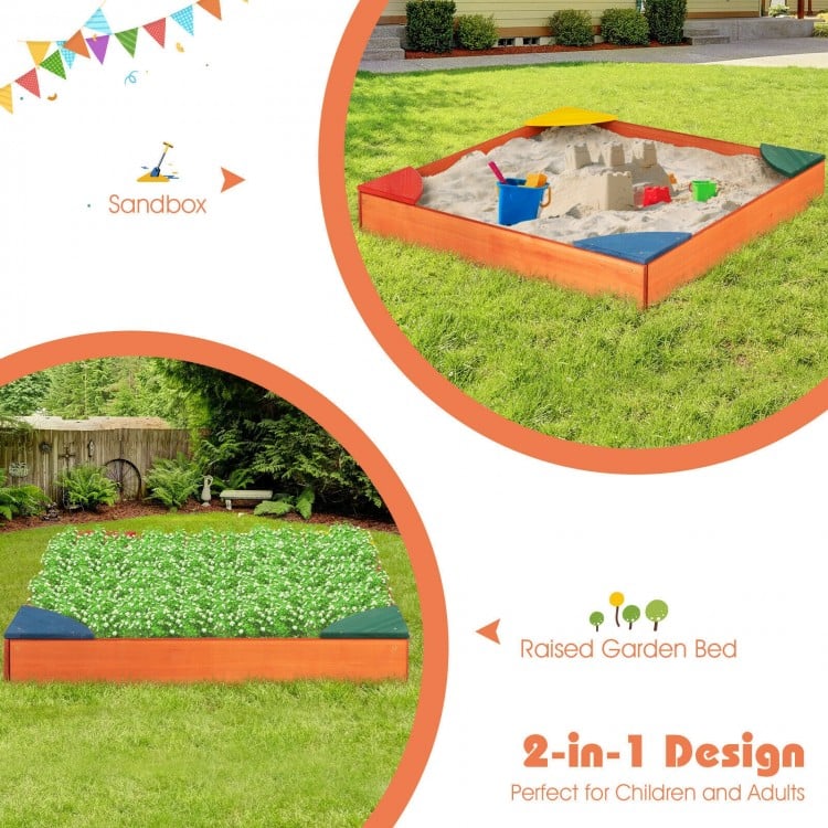 Kids outdoor wooden sandbox with built-in corner seating, made of cedar and pine, perfect for play and gardening.