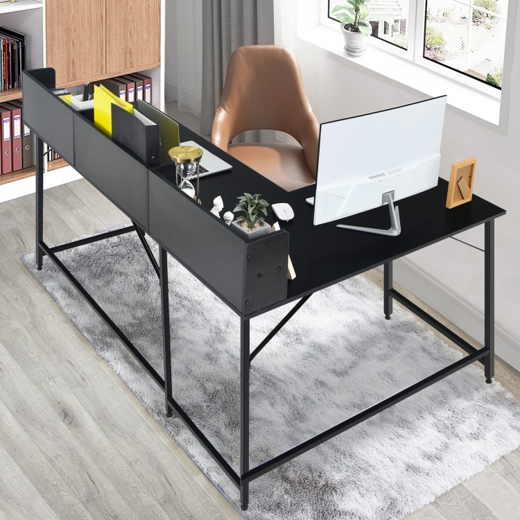 L-shaped black computer desk with bookshelf, featuring a large workspace and modern design for efficient organization.