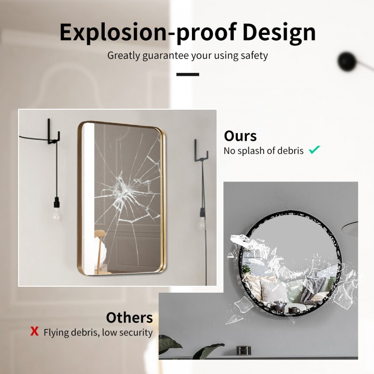 32-inch wall-mounted rectangular mirror with a golden metal frame, featuring an explosion-proof design for safety.