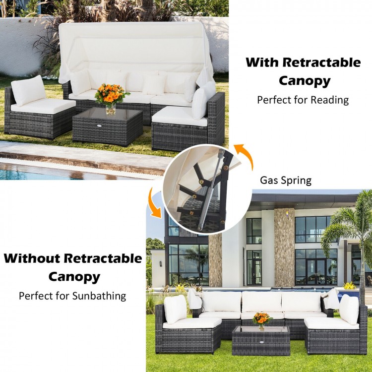 6-piece patio rattan furniture set with retractable canopy, featuring padded cushions for comfort, perfect for outdoor.