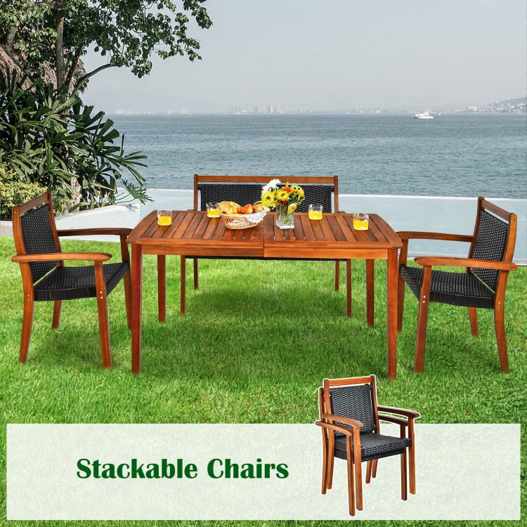 Acacia wood patio dining set with 4 stackable chairs, perfect for outdoor dining and space-saving storage.