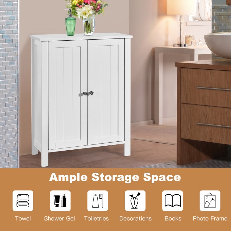 2-door bathroom storage cabinet in white with adjustable shelves, perfect for towels and toiletries in any room.