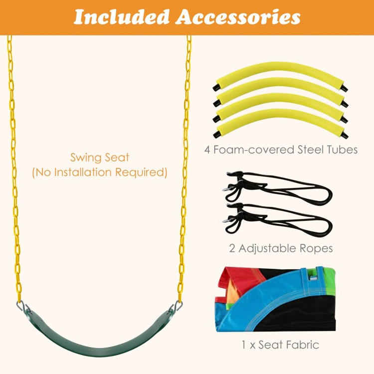 Swing seat replacement with foam-covered steel tubes, adjustable ropes, and durable Oxford fabric for outdoor fun.