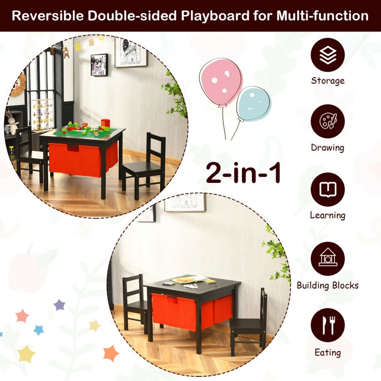 Kids activity table with storage, reversible design for drawing and building blocks, includes two chairs, dark brown.