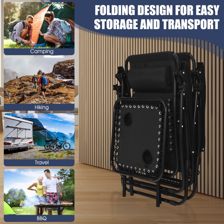 Folding portable zero gravity lounge chairs and table set in black, ideal for outdoor relaxation and easy transport.