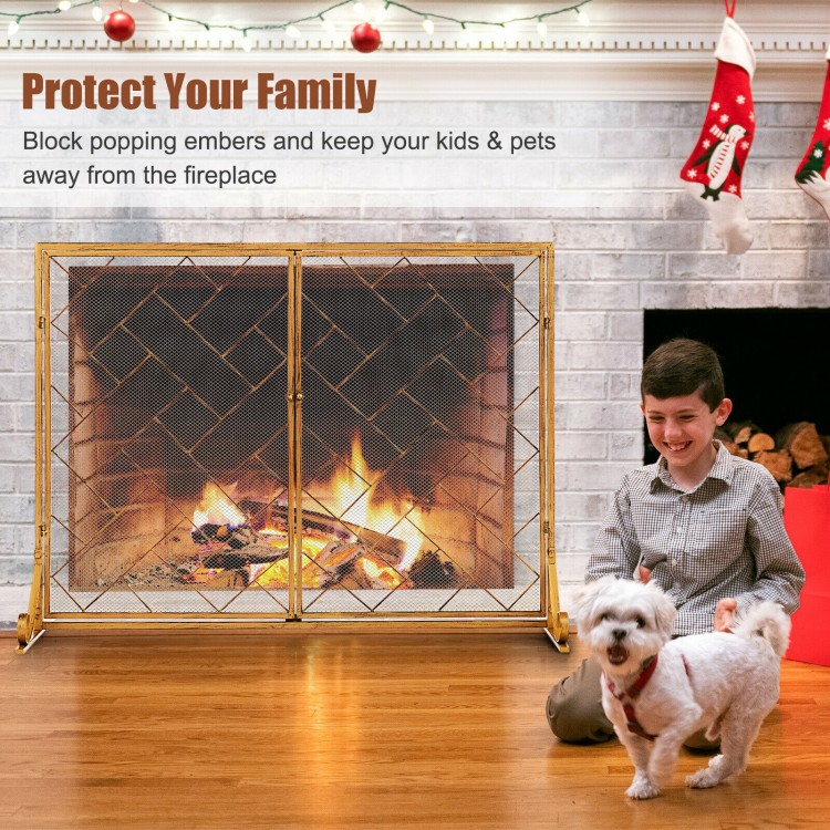 3-panel folding wrought iron fireplace screen with magnetic doors, blocking embers for safety around kids and pets.
