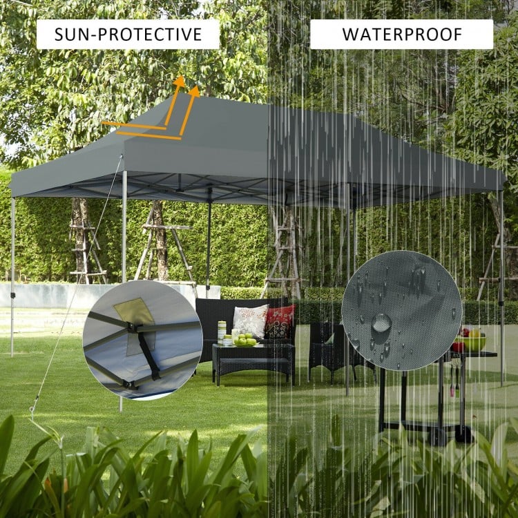 Adjustable 10 x 20 feet gray folding sun shelter with waterproof 300D oxford cloth, ideal for outdoor events and easy.