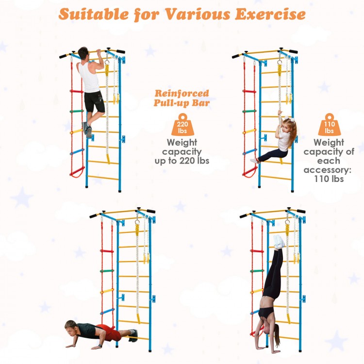 7-in-1 kids indoor gym playground with pull-up bar, rope ladder, and gymnastic rings for fun and fitness.