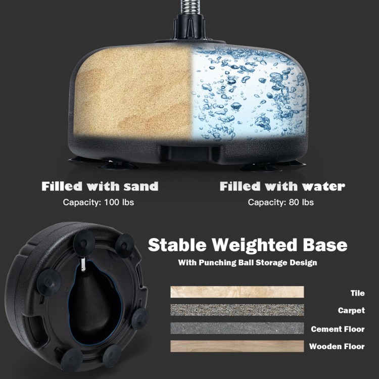 Freestanding punching bag base filled with sand and water, featuring a stable design for various floor types.
