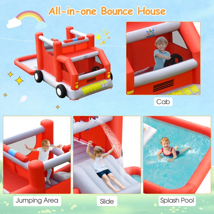 Fire truck-themed inflatable bounce house with cab, slide, and splash pool for kids' outdoor fun and role play.