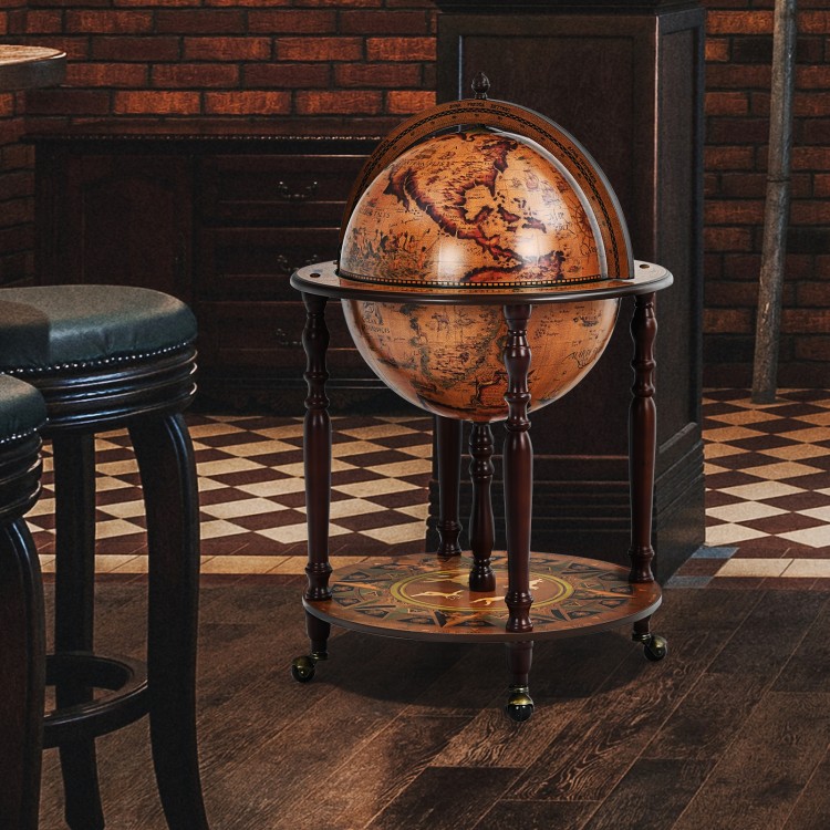 Globe wine cabinet with vintage pattern, sturdy MDF and solid wood legs, featuring wheels for easy movement and storage.