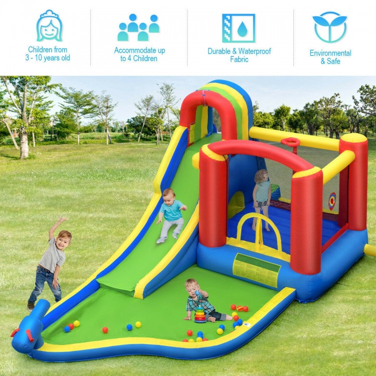 Inflatable kid bounce house with slide, made of puncture-resistant 420D oxford fabric, for outdoor summer fun.