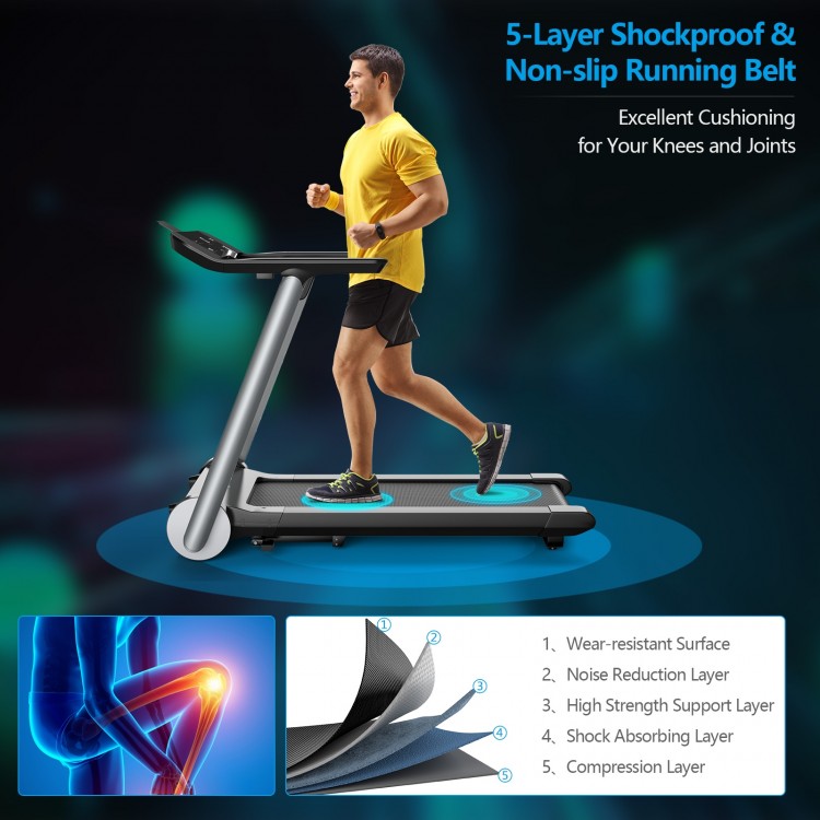 Folding treadmill with a shockproof non-slip running belt, featuring an LED display for home workouts and adjustable.