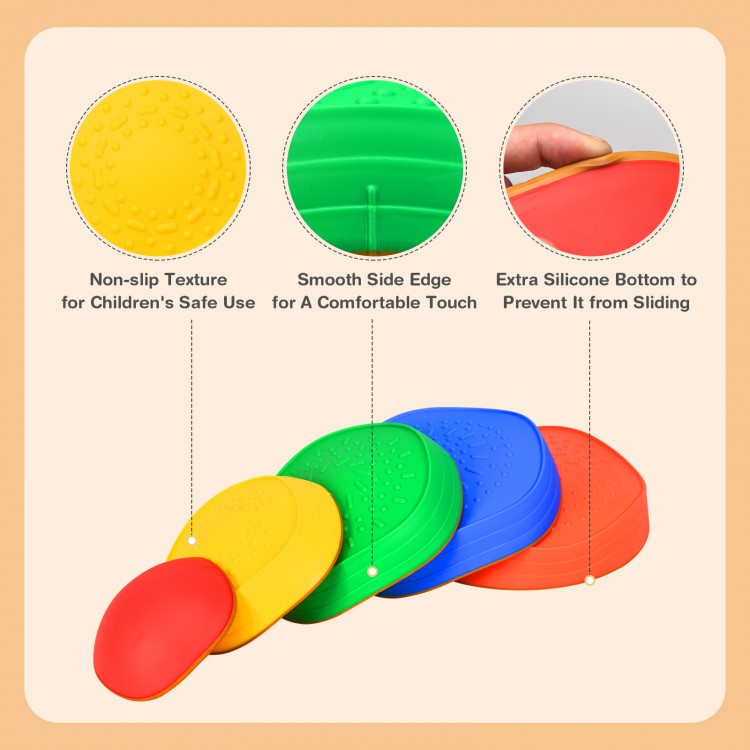 Colorful 5-piece kids balance stepping stones with non-slip texture and silicone bottom for safe play and easy storage.