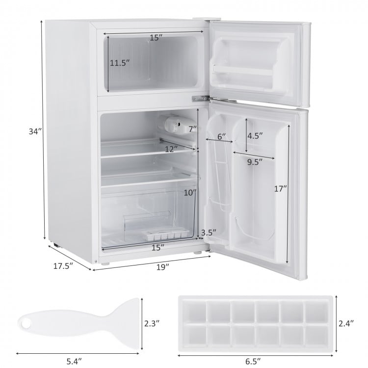Compact stainless steel refrigerator featuring a crisper drawer, ice tray, and easy access controls for temperature.
