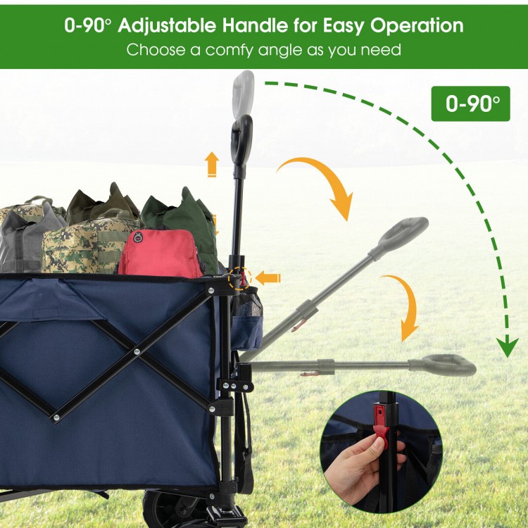 Folding utility garden cart with adjustable handle, wide wheels, and deep storage for easy transport of up to 176 lbs.