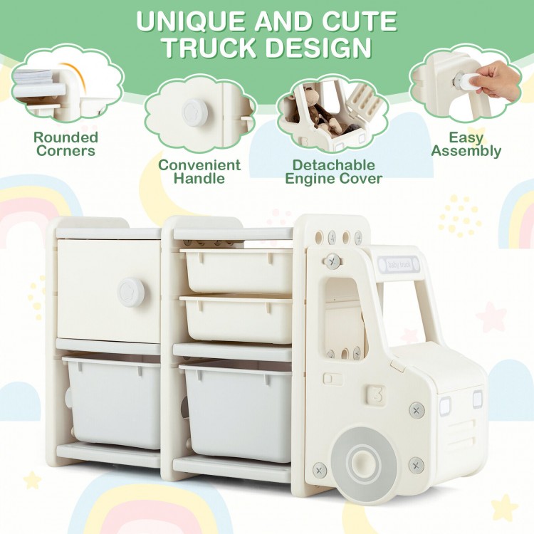 Toddler truck storage organizer in beige with removable bins and drawers, perfect for kids' rooms and easy assembly.