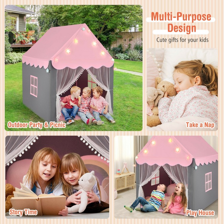 Kids playhouse tent in pink with star lights, featuring a soft mat, mesh windows, and breathable curtains for outdoor.