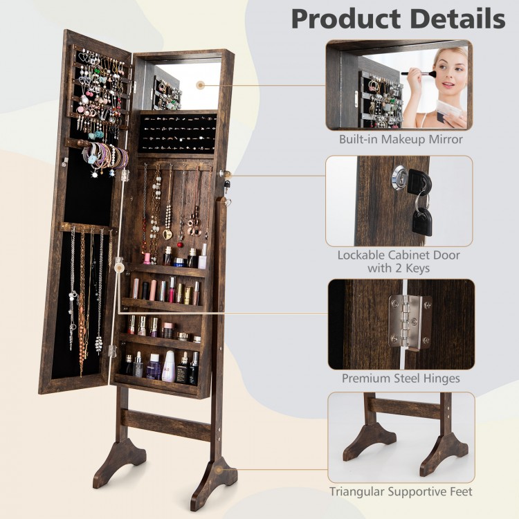 Standing jewelry cabinet with full length mirror in brown, featuring lockable door, makeup mirror, and ample storage.