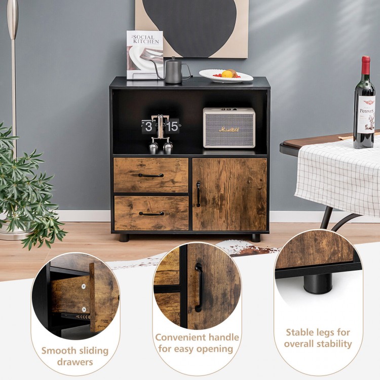 Kitchen storage buffet sideboard in black with rustic brown finish, featuring drawers, cabinet, and open shelf for.