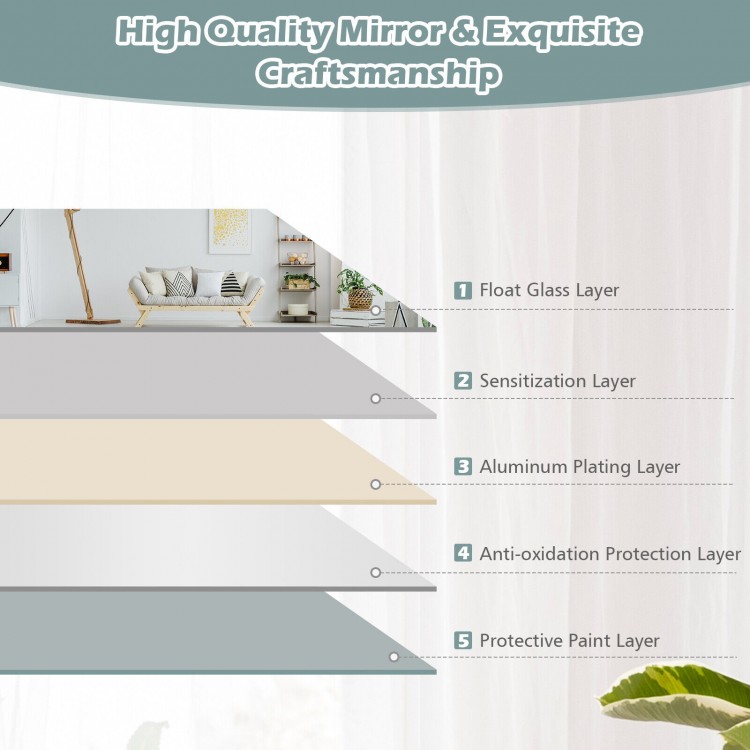 Frameless full-length mirror, 43 x 15 inches, aluminum plated for clear imaging, ideal for bedroom or living room use.