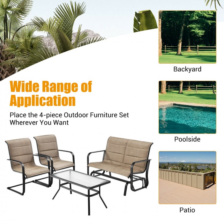 4-piece outdoor patio furniture set featuring a padded glider loveseat and coffee table for backyard relaxation.