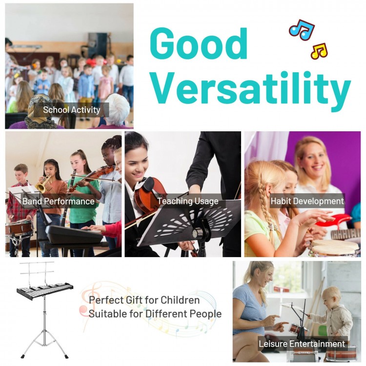 32-note glockenspiel xylophone with adjustable stand, perfect for school activities and band performances.