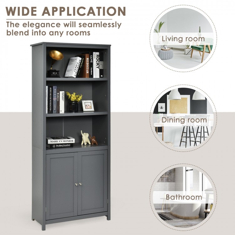 Gray bookcase shelving unit with doors, featuring three layers and adjustable shelves for versatile storage solutions.