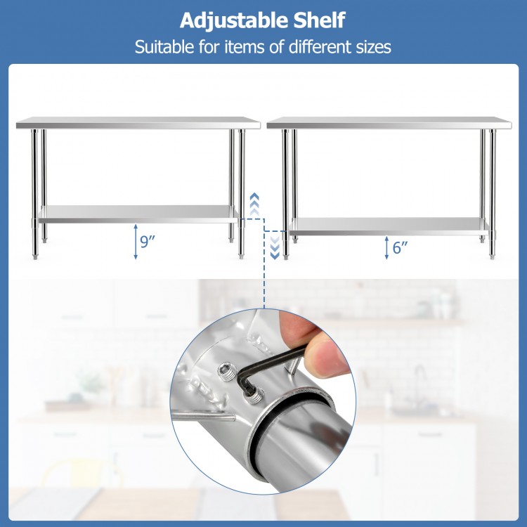 Stainless steel kitchen prep table with adjustable undershelf, featuring galvanized legs for stability and easy.