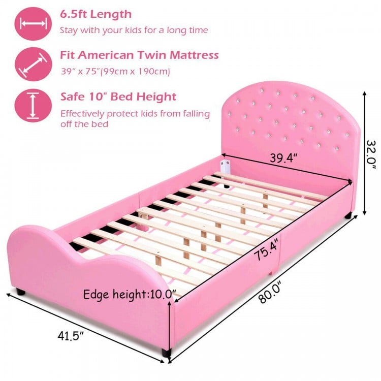 Pink twin size upholstered toddler bed with wood support slats, safe 10" height, ideal for kids' comfort and.