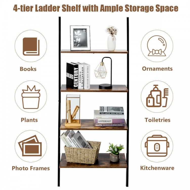 4-tier industrial ladder shelf in brown with metal frame, ideal for organizing books and plants in a rustic style.