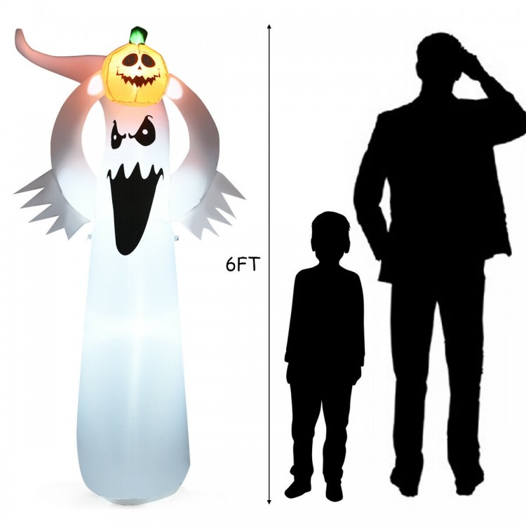 6-foot Halloween inflatable ghost with pumpkin, LED lights, and stable base for outdoor decor and spooky atmosphere.