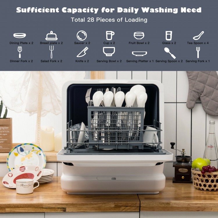 Portable countertop dishwasher with a spacious basket for 28 pieces, featuring an openable water tank for sink-free use.