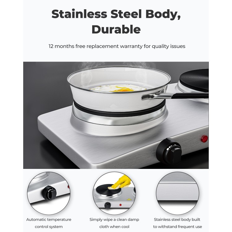 Double hot plate with stainless steel body, featuring two heating plates and automatic temperature control for.