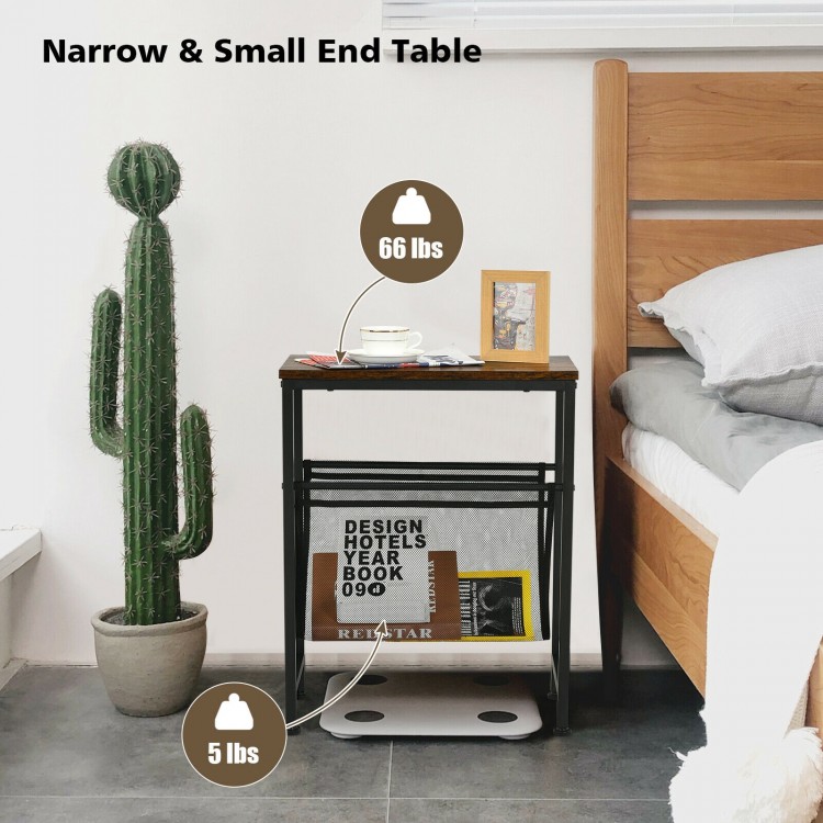 Narrow end table with a mesh magazine holder sling, sturdy steel base, and a wide tabletop for small spaces.