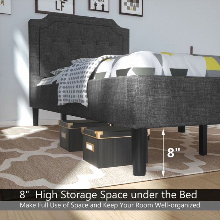 Twin upholstered platform bed with 8" under-bed storage space, featuring a button-tufted headboard and durable wood.