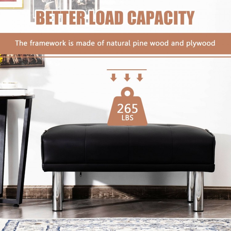 Rectangle tufted ottoman in black with stainless steel legs, supporting up to 265 lbs, perfect for living room use.