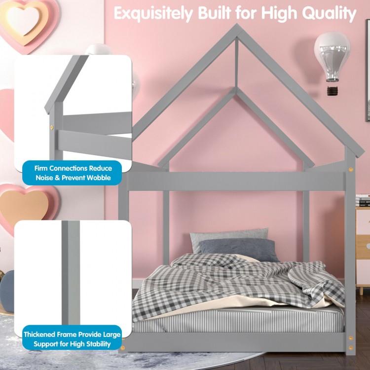 Gray kids platform floor bed with roof, featuring a thickened frame for stability and heavy-duty slats for durability.