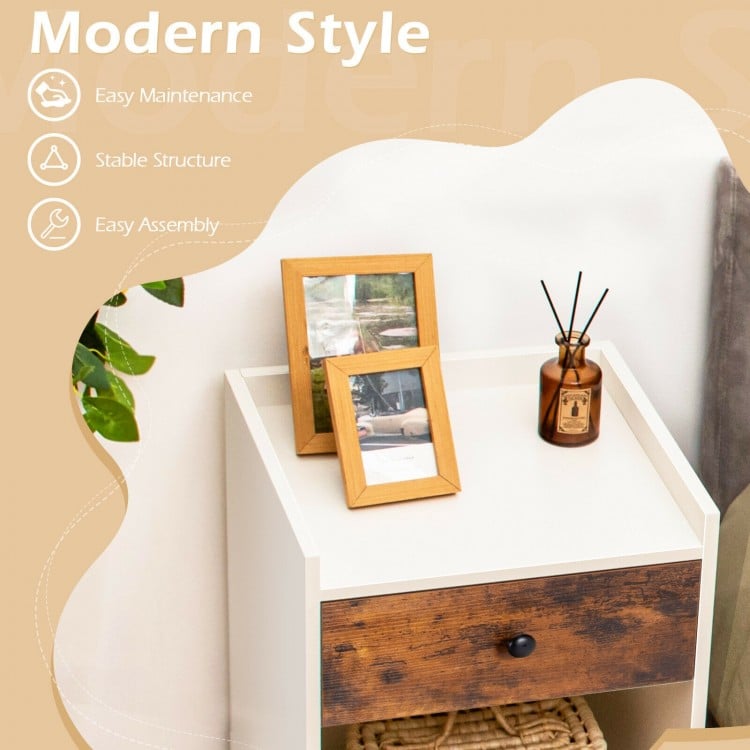 Nightstand with drawer in white and wood finish, featuring a spacious top and stylish design for modern rooms.